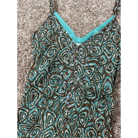 Vintage Y2K Nine West Silk Slip Dress 4 Midi Sleeveless Teal Brown Sequin Fairy - Picture 3 of 9
